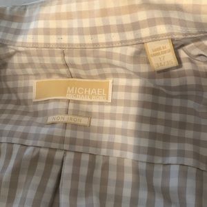 Michael Kors Men’s dress shirt- light blue/brown/white plaid design.